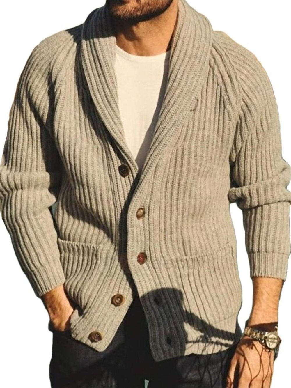Mens Shawl Collar Cardigan Sweaters Button Down Open Front Knitwear Cable Knitte